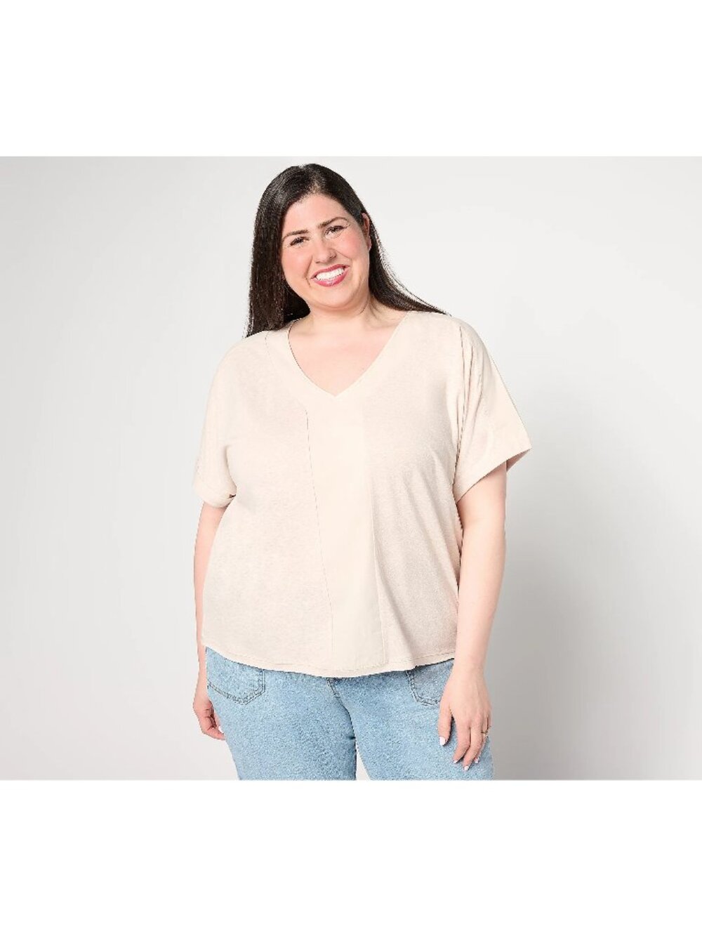 Peace Love World Tee Size 2X Boheme Mixed Media V-Neck Gray Moon Neutral NEW